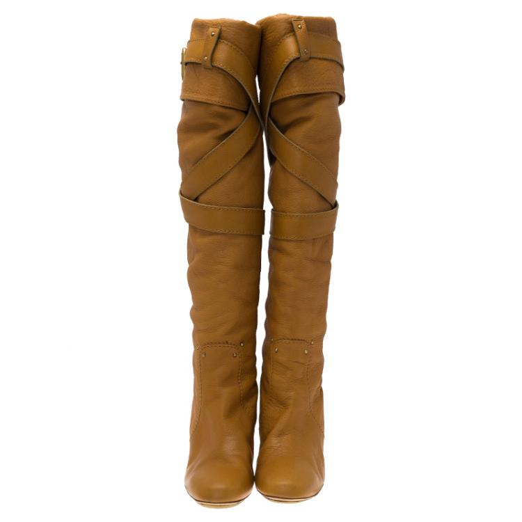 Pre Owned Chloe Brown Leather Paddington Buckle Boots Size 41
