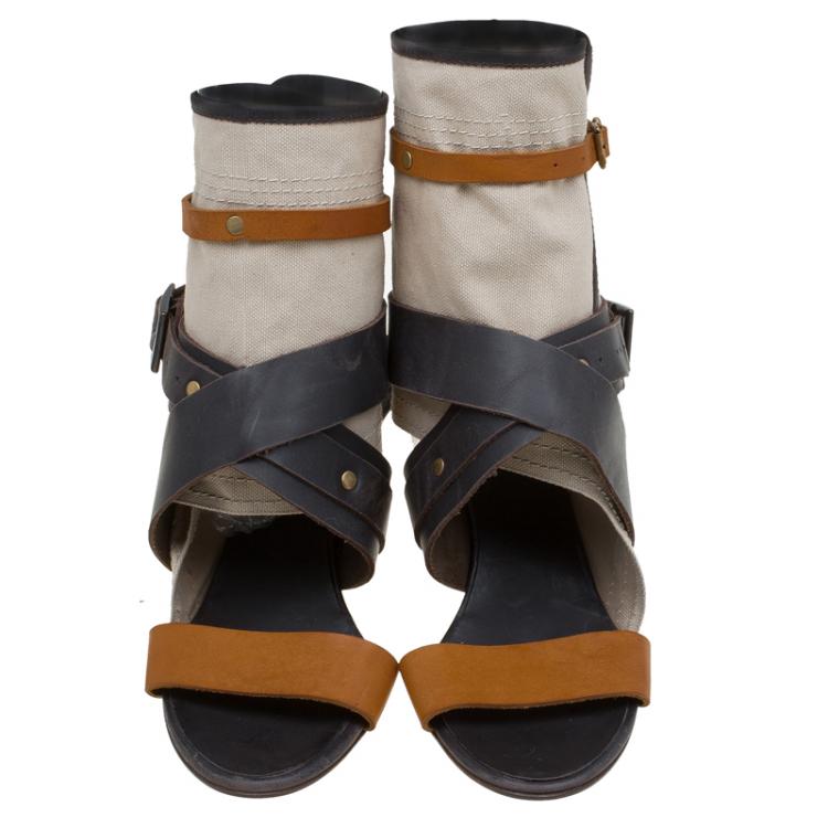 مملوكة مسبقًا Chloe Brown Leather and Canvas Multi Strap Gladiator Sandals Size 39