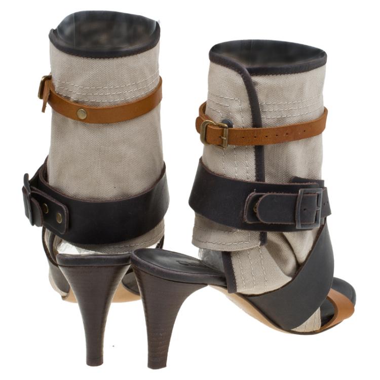 مملوكة مسبقًا Chloe Brown Leather and Canvas Multi Strap Gladiator Sandals Size 39