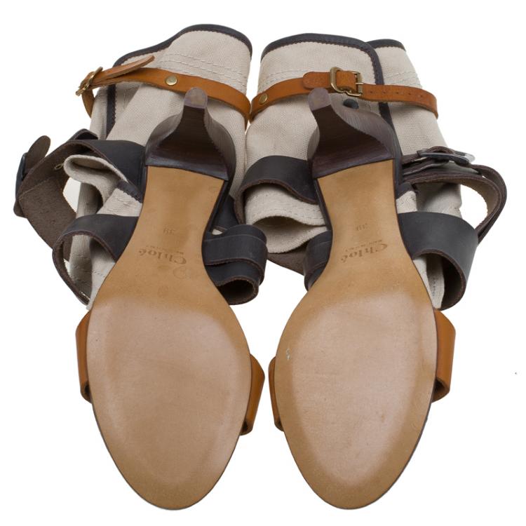 مملوكة مسبقًا Chloe Brown Leather and Canvas Multi Strap Gladiator Sandals Size 39