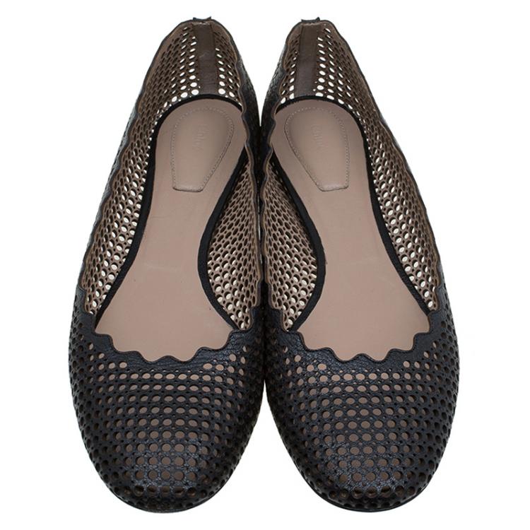 Pre Owned Chloe Black Perforated Leather Lauren Scalloped Ballet Flats Size 42
