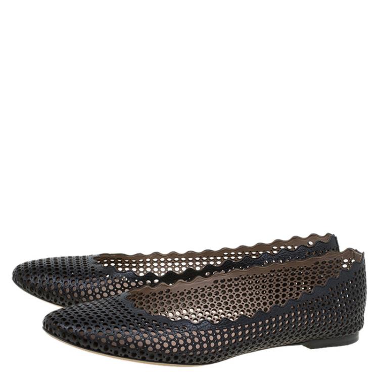 Pre Owned Chloe Black Perforated Leather Lauren Scalloped Ballet Flats Size 42