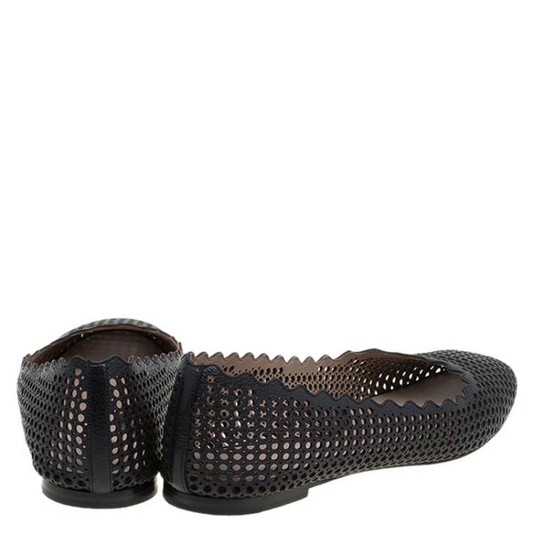 Pre Owned Chloe Black Perforated Leather Lauren Scalloped Ballet Flats Size 42