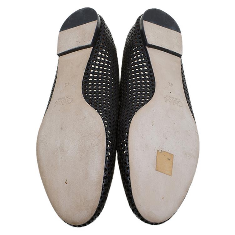 Pre Owned Chloe Black Perforated Leather Lauren Scalloped Ballet Flats Size 42