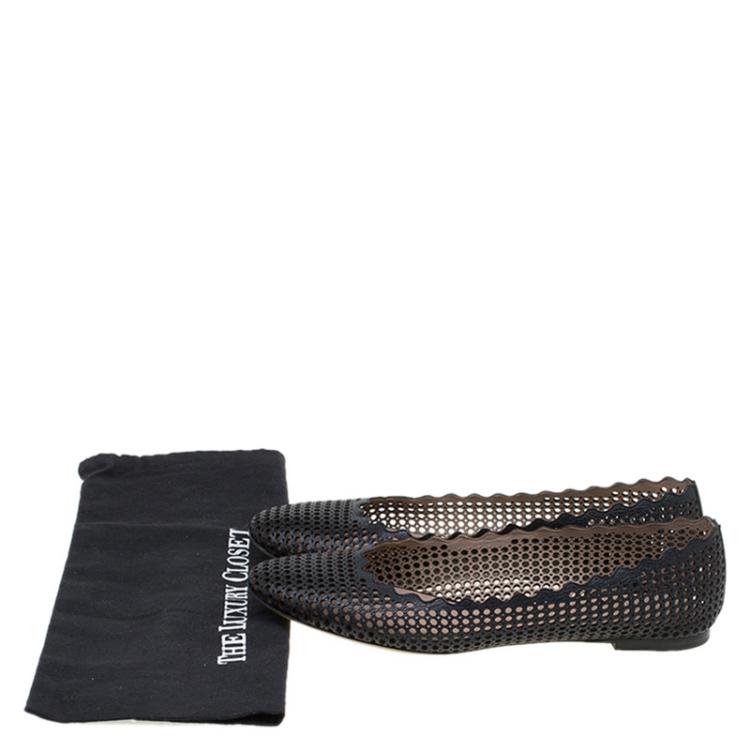 Pre Owned Chloe Black Perforated Leather Lauren Scalloped Ballet Flats Size 42