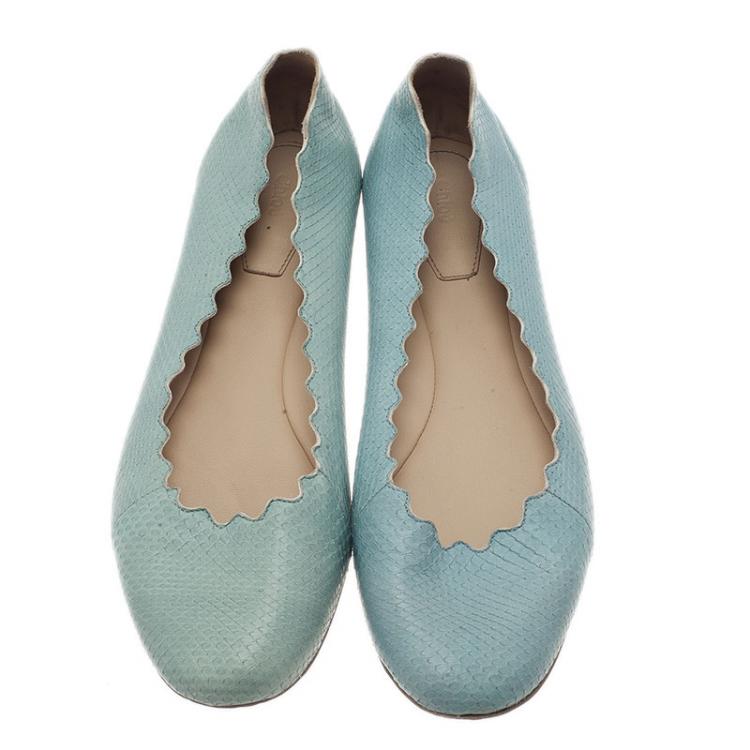 Pre Owned Chloe Blue Lauren Python Embossed Ballet Flats Size 38.5