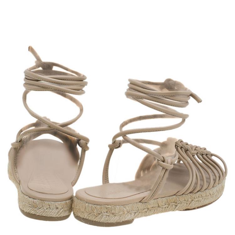 مملوكة مسبقًا Chloe Beige Knotted Leather Ankle-Wrap Flat Espadrille Sandals Size 35