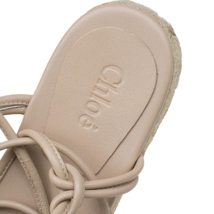 مملوكة مسبقًا Chloe Beige Knotted Leather Ankle-Wrap Flat Espadrille Sandals Size 35
