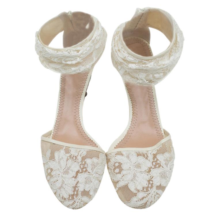 Pre Owned Chloe Cream Lace Ankle Strap Heel Sandals Size 38.5