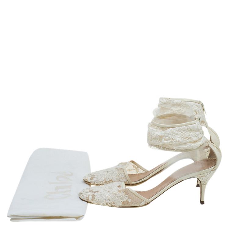 Pre Owned Chloe Cream Lace Ankle Strap Heel Sandals Size 38.5