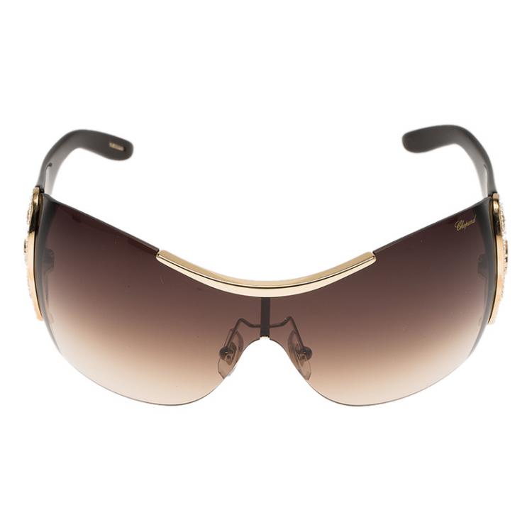 Pre Owned Chopard Black and Gold SCH748S Shield Sunglasses