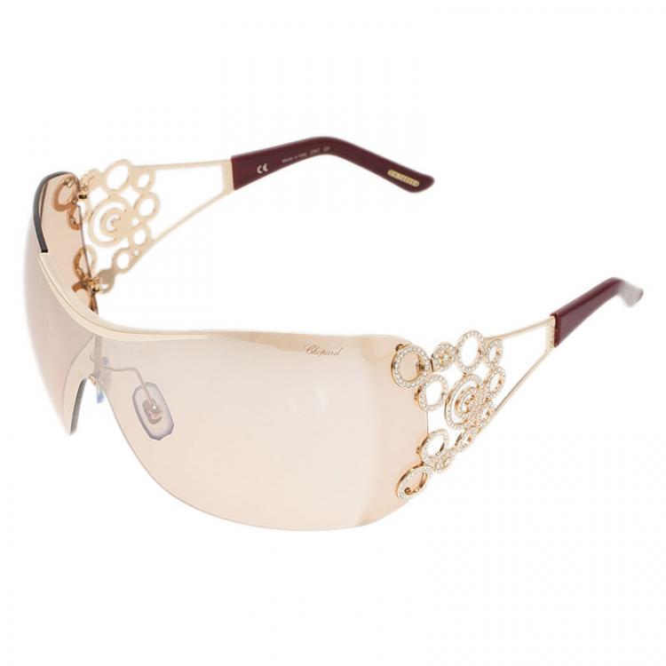 Pre Owned Chopard Maroon Gold Plated SCH 692S Shield Sunglasses