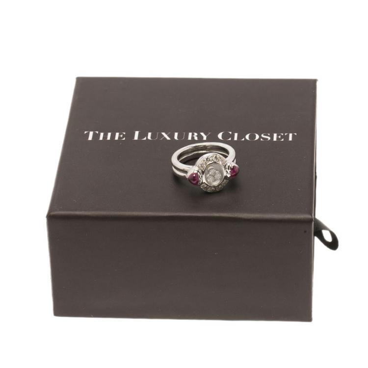 Pre Owned Chopard Happy Diamonds Sapphire Diamond White Gold Ring Size 56
