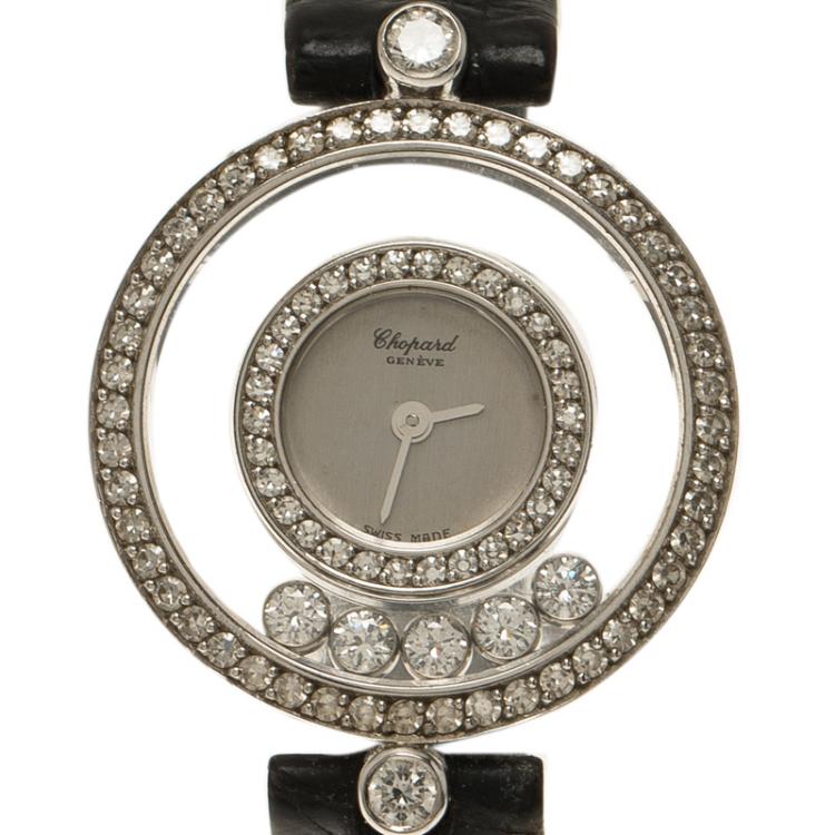 Pre Owned Chopard Silver 18K White Gold Diamond Happy Diamonds Icon Women's Wristwatch 25MM