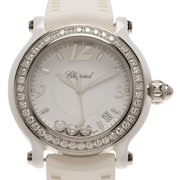 Pre Owned Chopard White Ceramic Happy Sport Diamond Women's Wristwatch 36MM