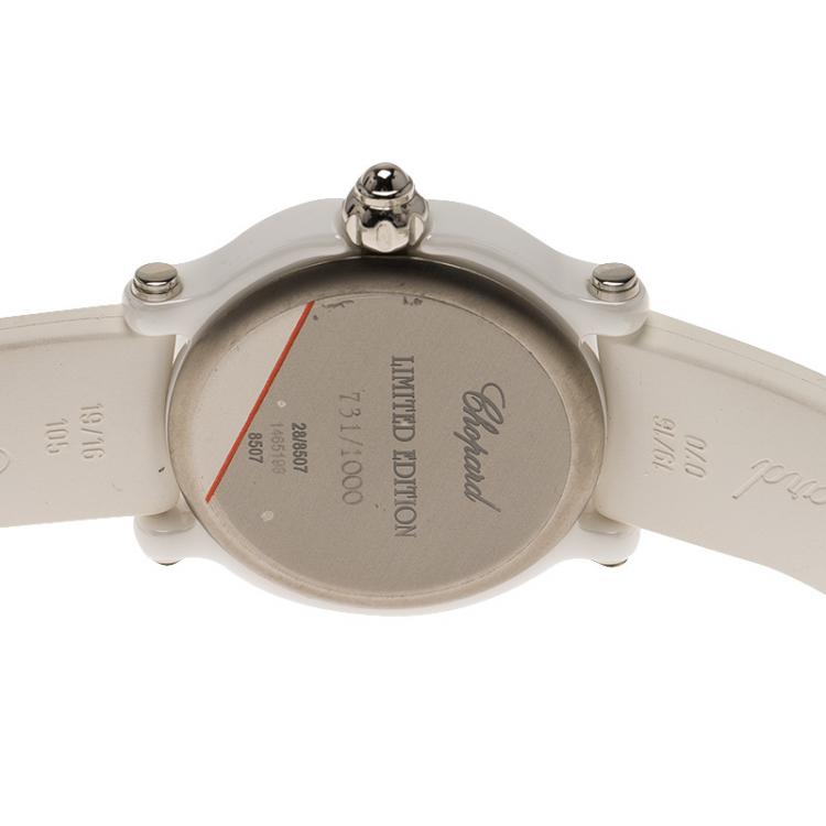 Pre Owned Chopard White Ceramic Happy Sport Diamond Women's Wristwatch 36MM