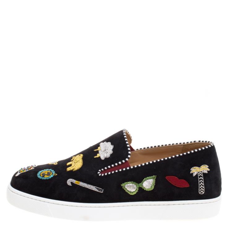 Pre Owned Christian Louboutin Embellished Black Suede Pik N Luck Slip-on Sneakers Size 38