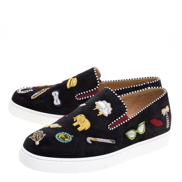 Pre Owned Christian Louboutin Embellished Black Suede Pik N Luck Slip-on Sneakers Size 38