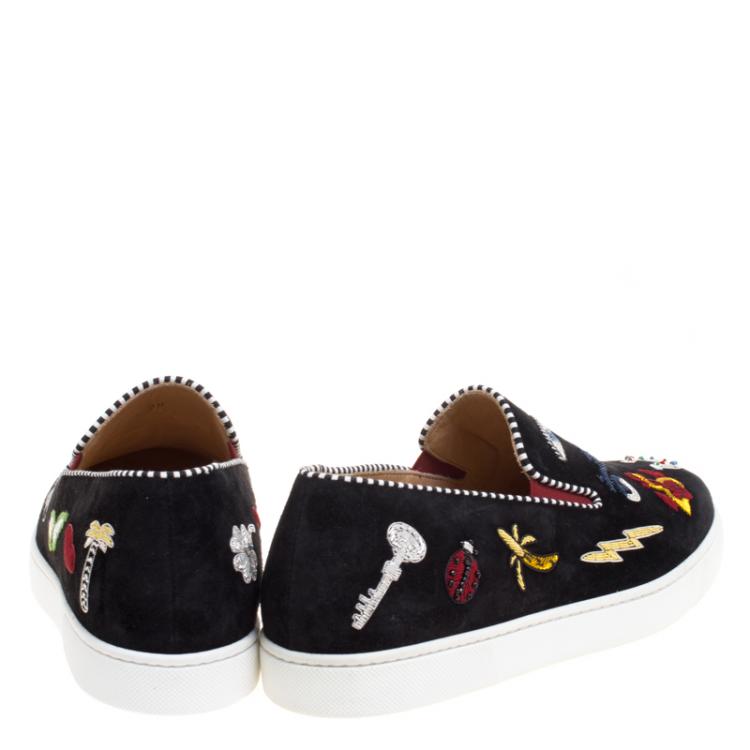 Pre Owned Christian Louboutin Embellished Black Suede Pik N Luck Slip-on Sneakers Size 38