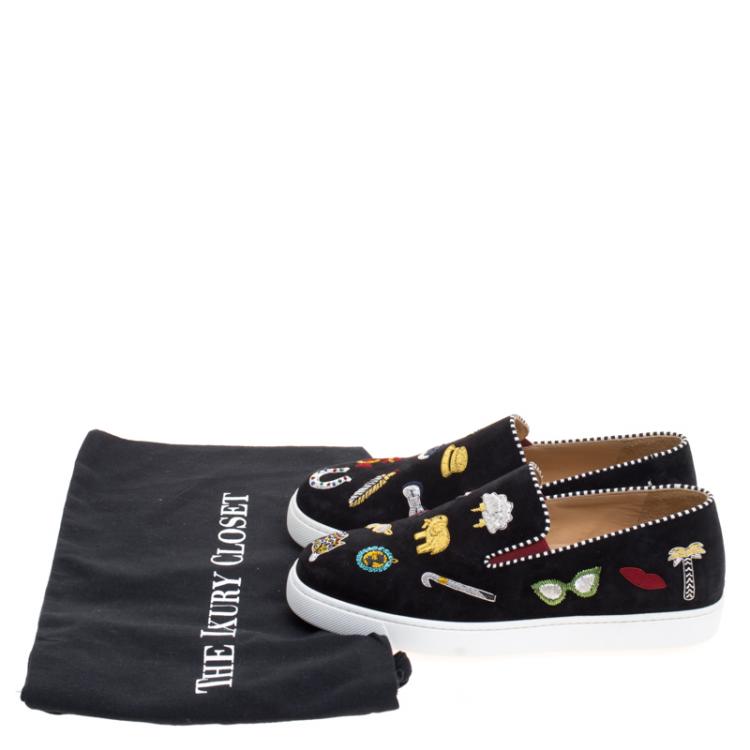 Pre Owned Christian Louboutin Embellished Black Suede Pik N Luck Slip-on Sneakers Size 38