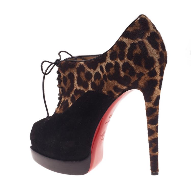 Pre Owned Christian Louboutin Leopard Pony Hair and Suede Miss Poppins Lace Up Ankle Boots Size 38.5