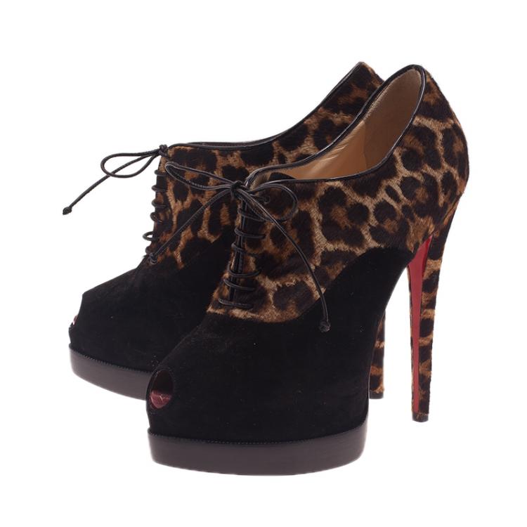 Pre Owned Christian Louboutin Leopard Pony Hair and Suede Miss Poppins Lace Up Ankle Boots Size 38.5