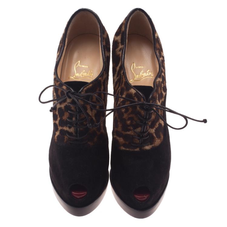 Pre Owned Christian Louboutin Leopard Pony Hair and Suede Miss Poppins Lace Up Ankle Boots Size 38.5