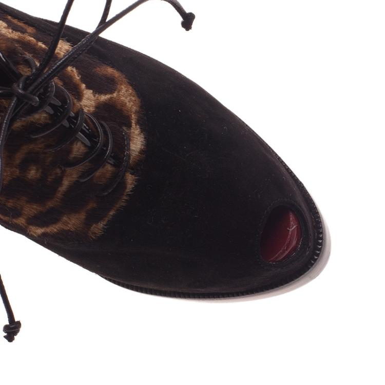 Pre Owned Christian Louboutin Leopard Pony Hair and Suede Miss Poppins Lace Up Ankle Boots Size 38.5