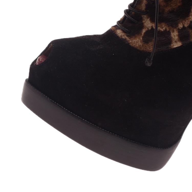 Pre Owned Christian Louboutin Leopard Pony Hair and Suede Miss Poppins Lace Up Ankle Boots Size 38.5