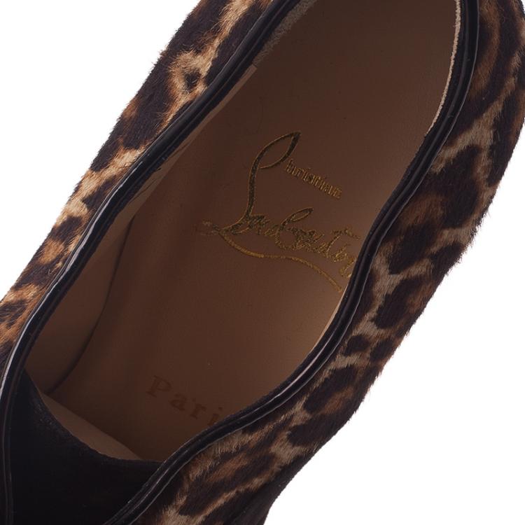 Pre Owned Christian Louboutin Leopard Pony Hair and Suede Miss Poppins Lace Up Ankle Boots Size 38.5