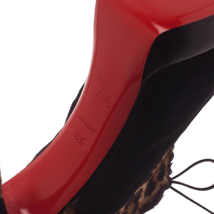 Pre Owned Christian Louboutin Leopard Pony Hair and Suede Miss Poppins Lace Up Ankle Boots Size 38.5