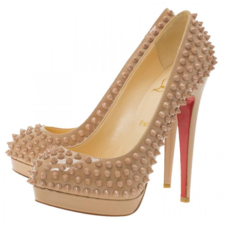 Pre Owned Christian Louboutin Beige Patent Alti Spikes Platform Pumps Size 37.5