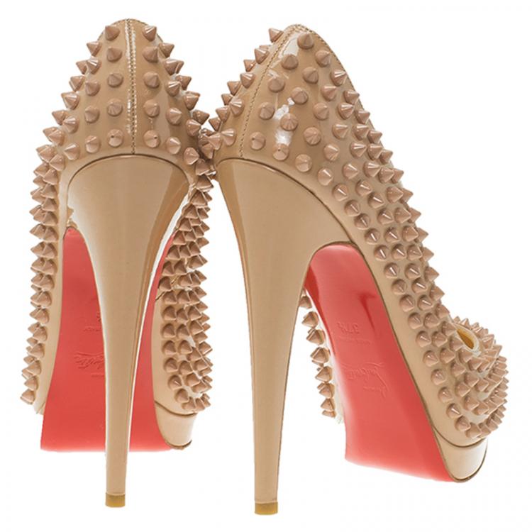 Pre Owned Christian Louboutin Beige Patent Alti Spikes Platform Pumps Size 37.5
