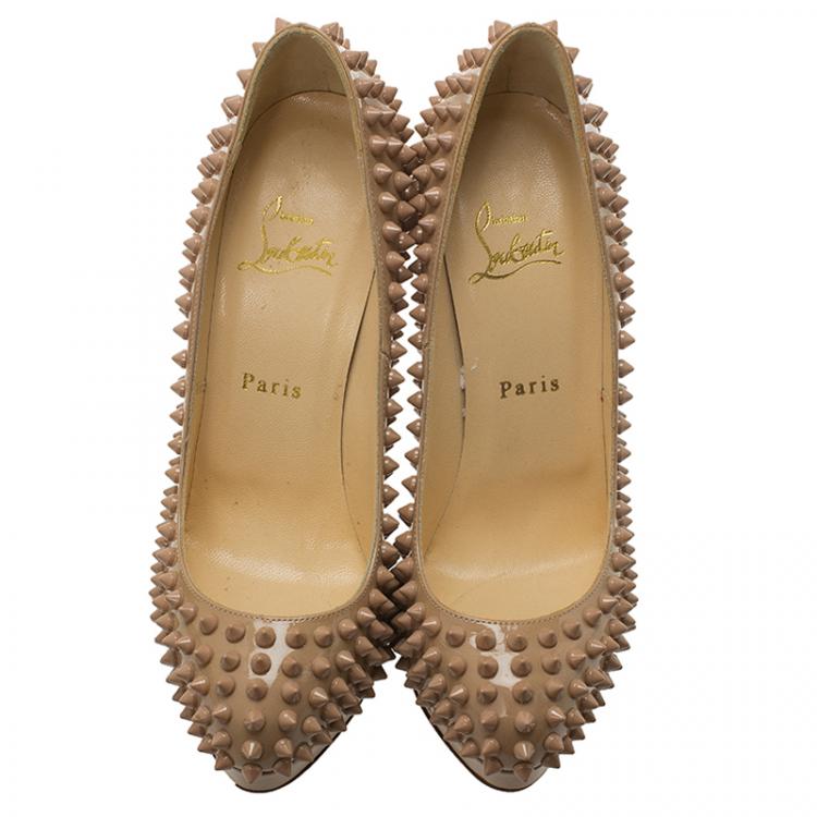 Pre Owned Christian Louboutin Beige Patent Alti Spikes Platform Pumps Size 37.5