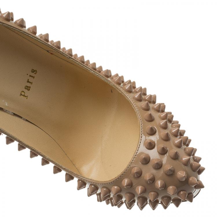 Pre Owned Christian Louboutin Beige Patent Alti Spikes Platform Pumps Size 37.5