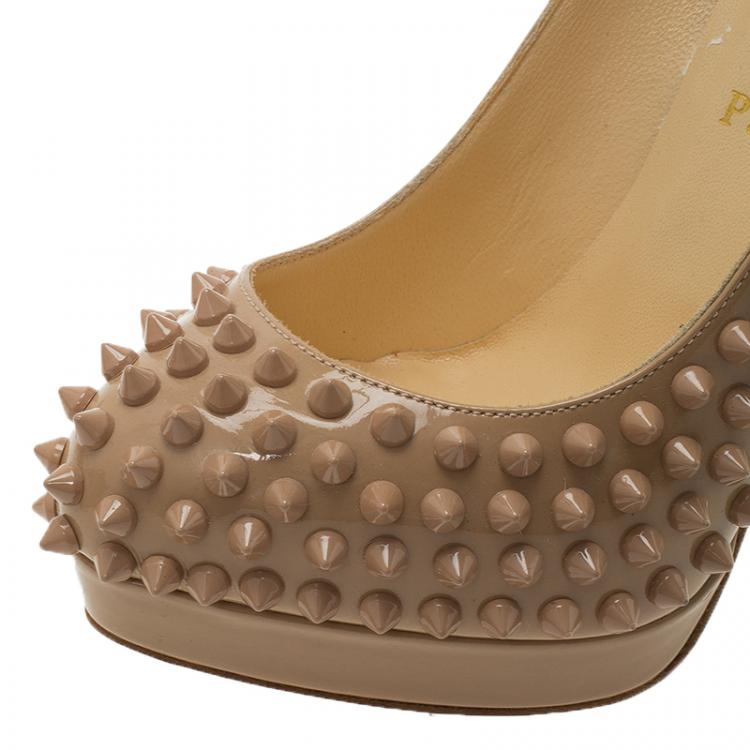 Pre Owned Christian Louboutin Beige Patent Alti Spikes Platform Pumps Size 37.5