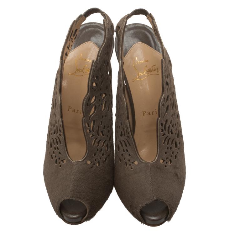 Pre Owned Christian Louboutin Brown Calf Hair-On Markesling Slingback Sandals Size 37.5