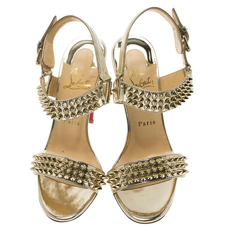 Pre Owned Christian Louboutin Gold Spike Leather Bikee Bike Sandals Size 37.5