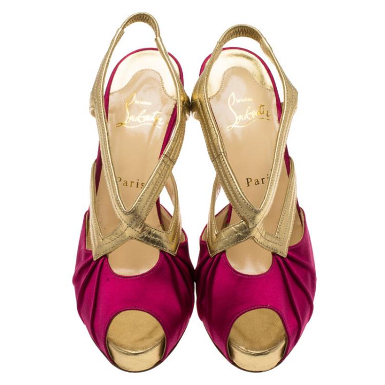 Pre Owned Christian Louboutin Fuschia Satin and Leather Angela Slingback Sandals Size 38