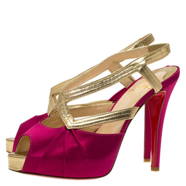 Pre Owned Christian Louboutin Fuschia Satin and Leather Angela Slingback Sandals Size 38