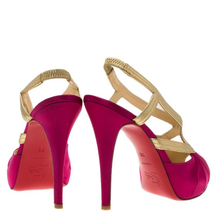 Pre Owned Christian Louboutin Fuschia Satin and Leather Angela Slingback Sandals Size 38