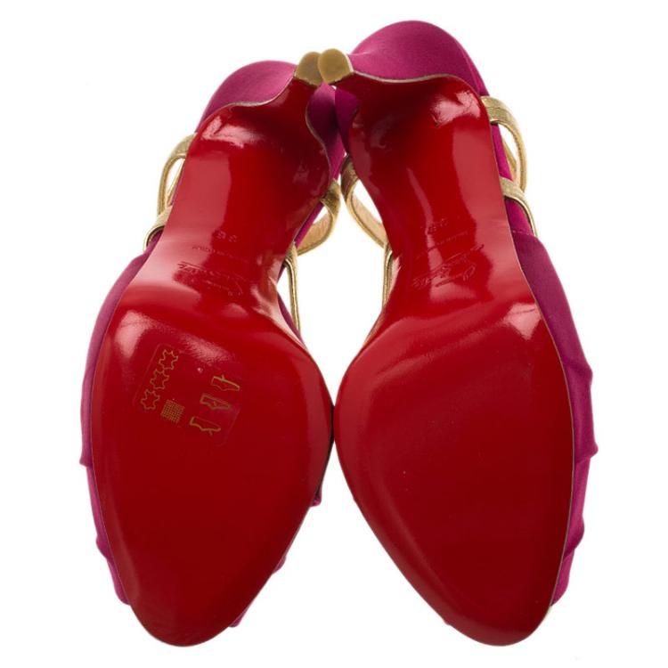 Pre Owned Christian Louboutin Fuschia Satin and Leather Angela Slingback Sandals Size 38