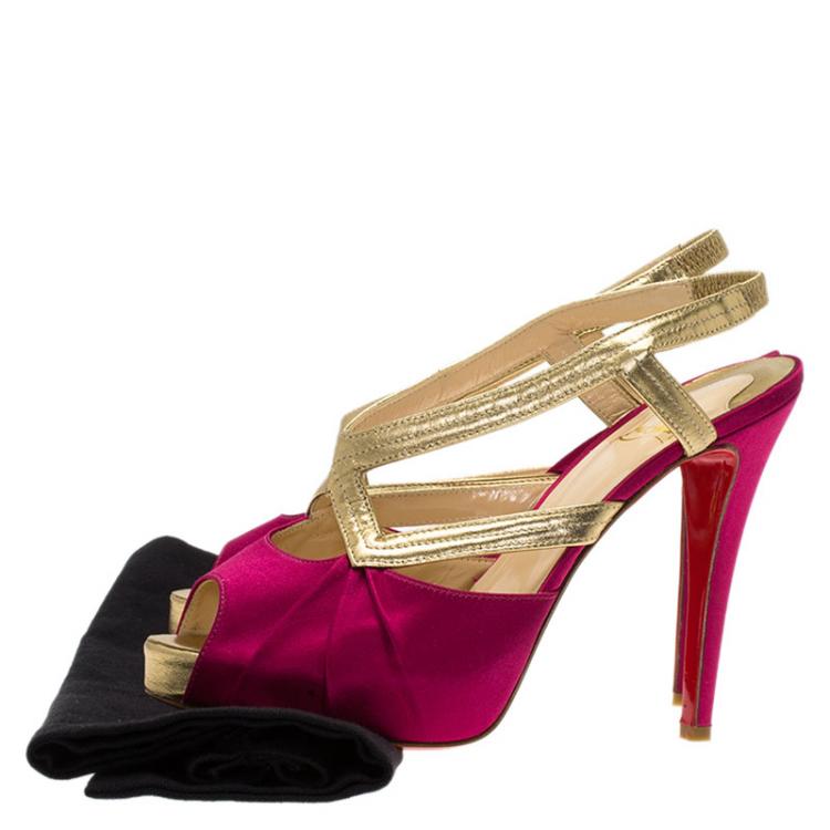 Pre Owned Christian Louboutin Fuschia Satin and Leather Angela Slingback Sandals Size 38