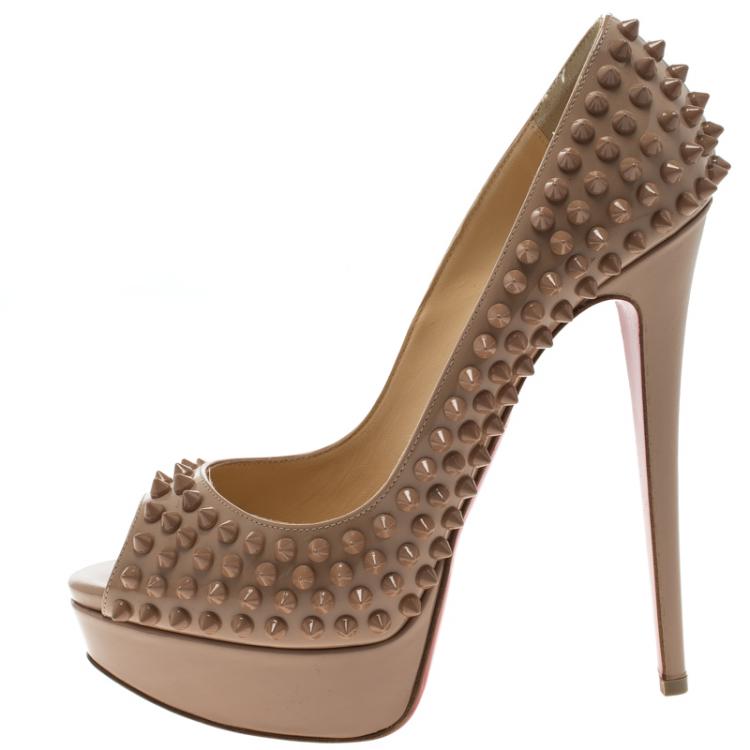 Pre Owned Christian Louboutin Beige Patent Leather Lady Peep Toe Spike Platform Pumps Size 38