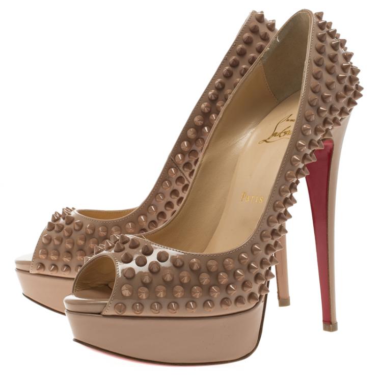 Pre Owned Christian Louboutin Beige Patent Leather Lady Peep Toe Spike Platform Pumps Size 38