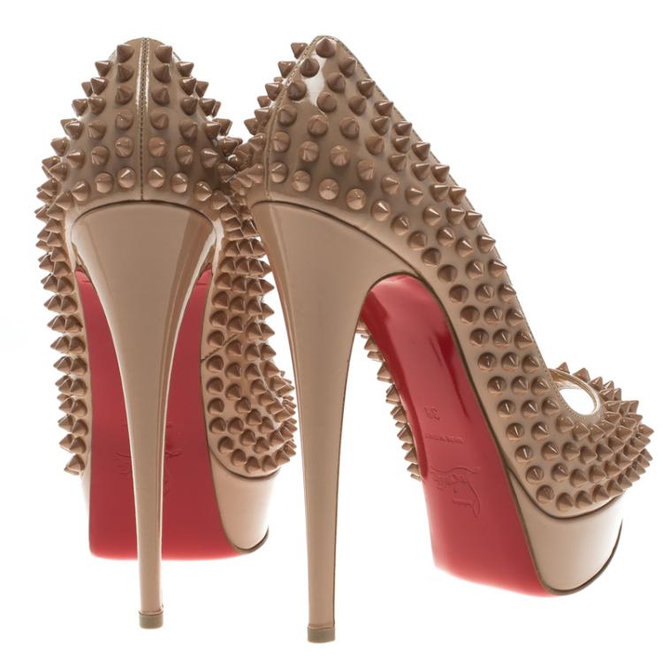 Pre Owned Christian Louboutin Beige Patent Leather Lady Peep Toe Spike Platform Pumps Size 38