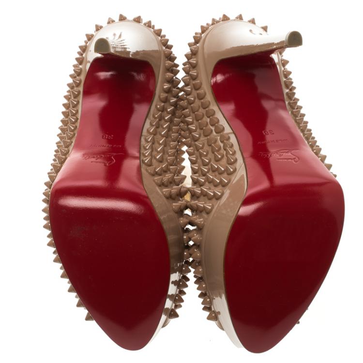 Pre Owned Christian Louboutin Beige Patent Leather Lady Peep Toe Spike Platform Pumps Size 38