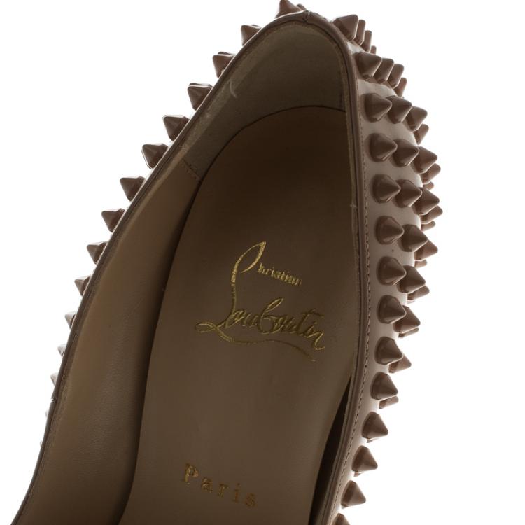 Pre Owned Christian Louboutin Beige Patent Leather Lady Peep Toe Spike Platform Pumps Size 38