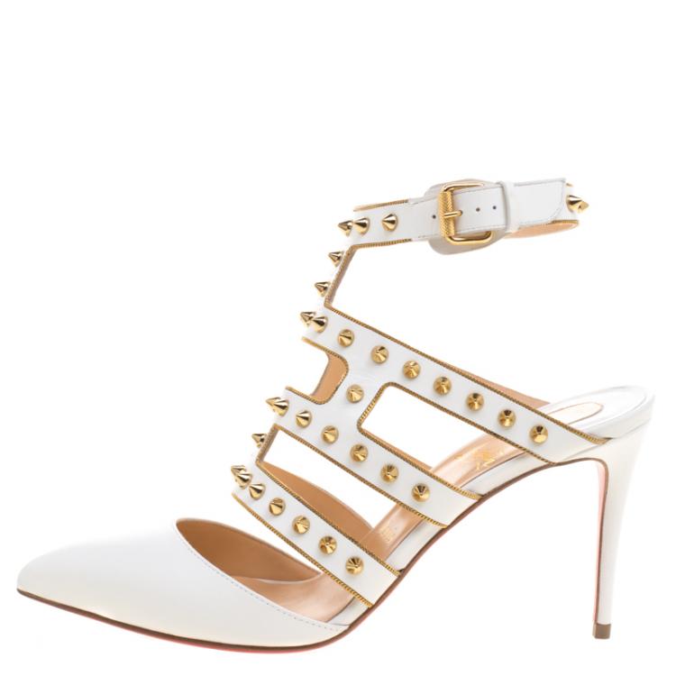 Pre Owned Christian Louboutin White  Leather Tchicaboum Spike Embellished  Strappy Sandals Size 38.5