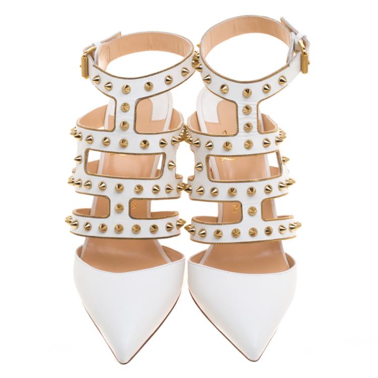 Pre Owned Christian Louboutin White  Leather Tchicaboum Spike Embellished  Strappy Sandals Size 38.5